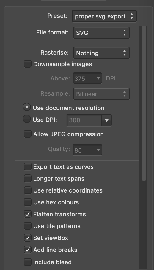 A screenshot of Affinity Designer's export options dialog, with the "Flatten transforms" and "Set viewBox" options enabled and others disabled